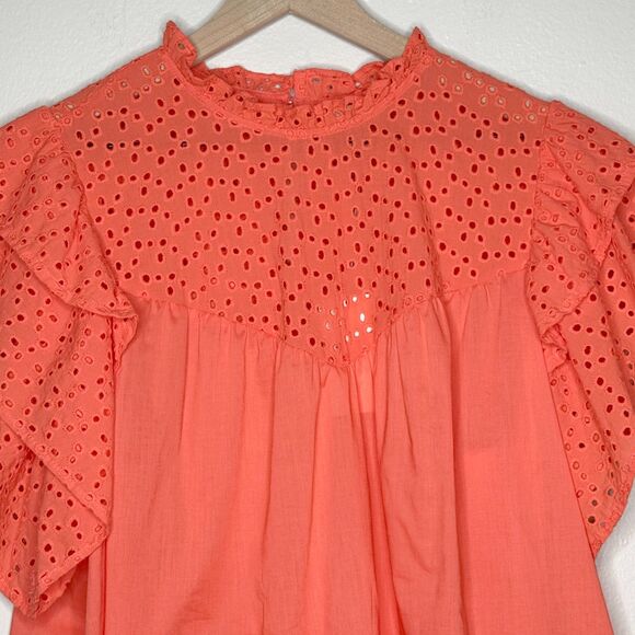 A New Day‎ Womens Blouse XL Orange Coral Eyelet Sheer Light Ruffle Summer Boho - Picture 5 of 11